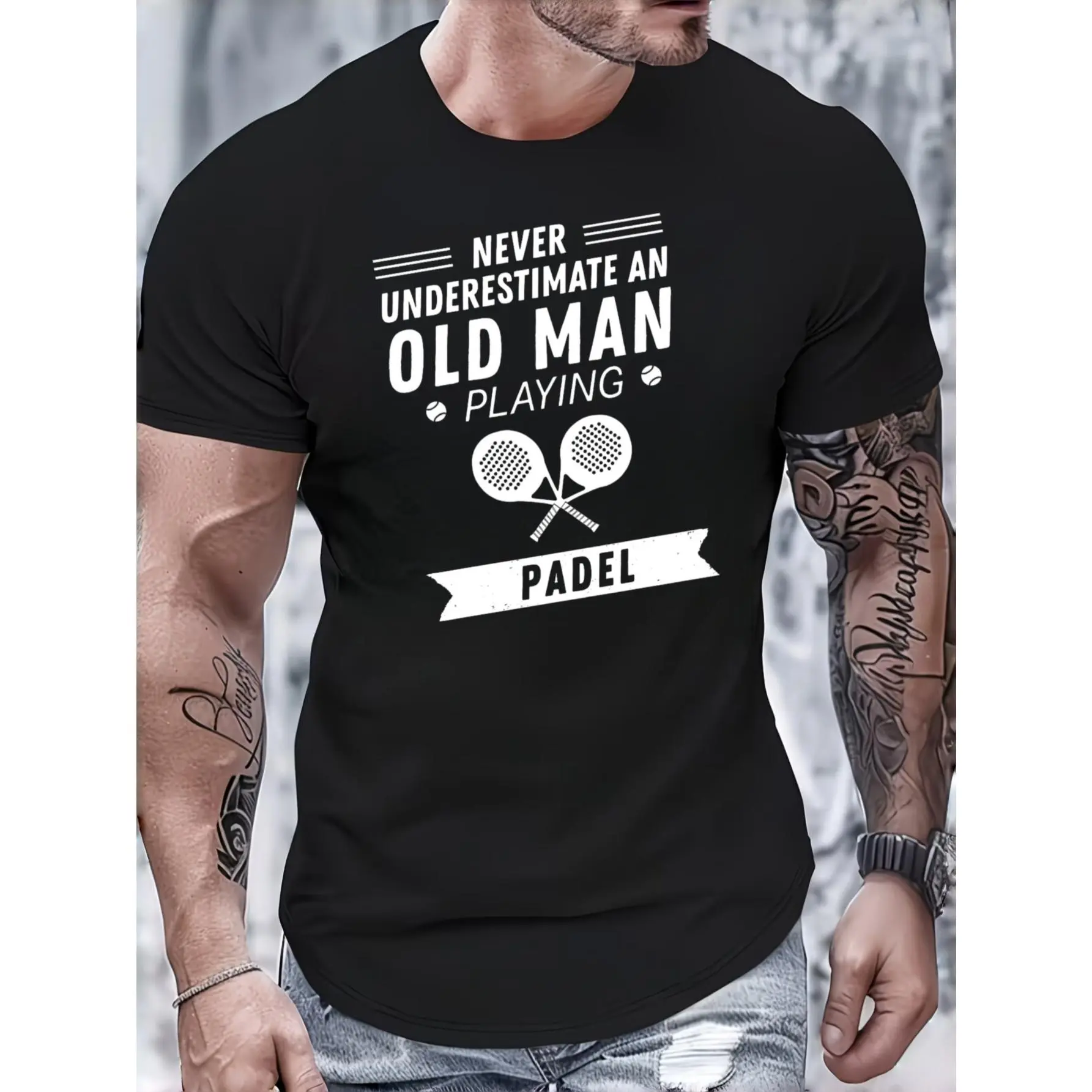 Men's Casual Graphic T-Shirt - Never Underestimate An Old Man Playing Padel Print & Rackets Design, Summer Streetwear Fashion Top, Party Gift For Padel Players, Tshirt