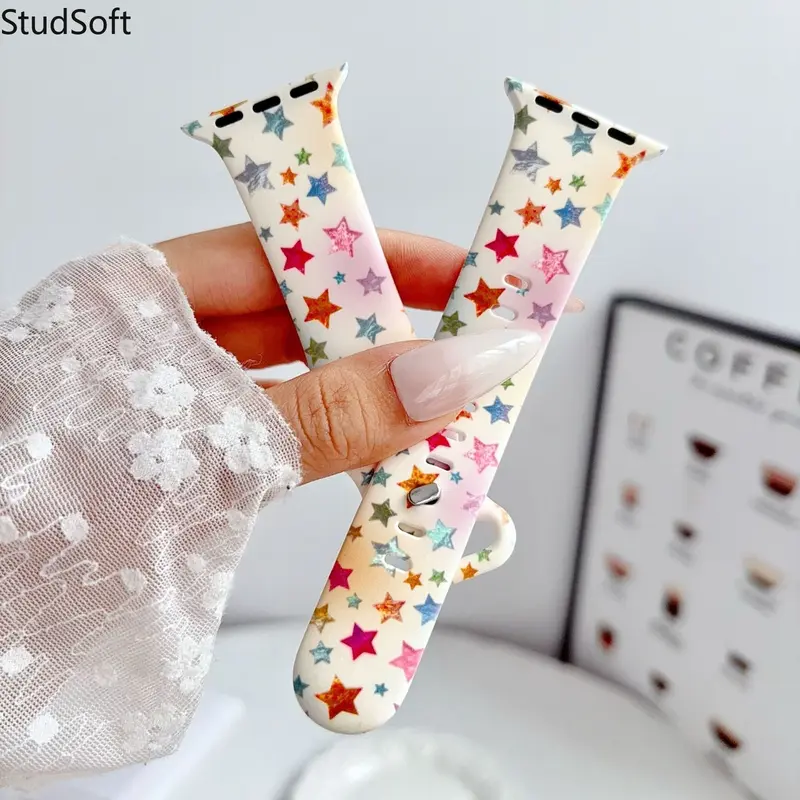 Cute Rainbow Star Silicone Watch Band for Apple Watch 38mm 40mm 41mm 42mm 44mm 45mm 49mm Women Colorful Printed Sport Strap iWatch Series 10 9 8 SE Ultra 2 Girl Gift Wristband,sohochic