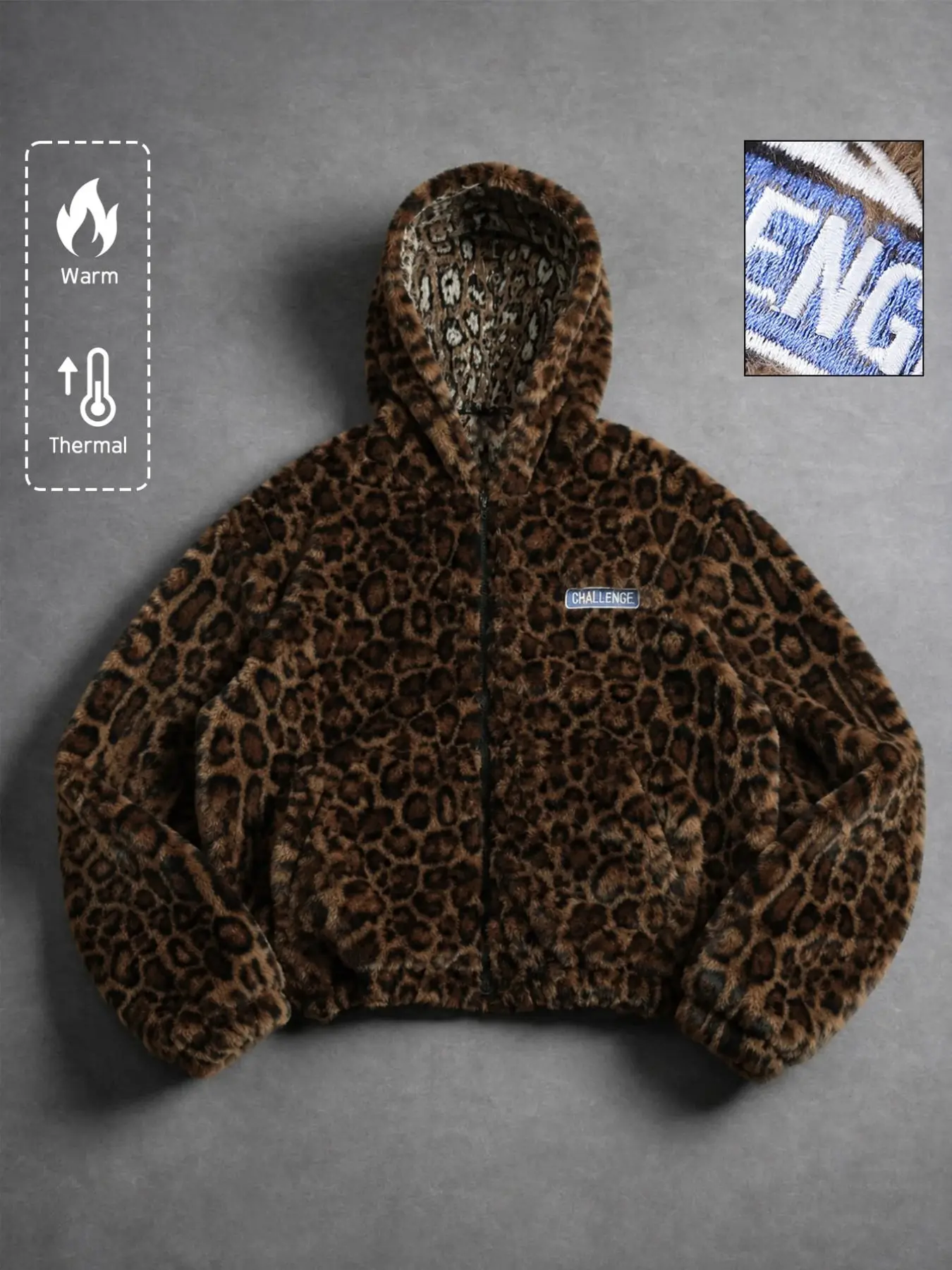 Unisex Retro Leopard Print Fleece Jacket, Thick Warm Hooded Zipper Coat, Embroidered Design, Hip Hop Urban Fashion, Outdoor Travel Wear, Outerwear