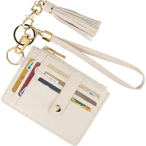 Small Wristlet Wallets  Women RFID Credit Card Holder Wallet Keychain Wristlet Wallet Credit Card Wallets  Women (Beige)