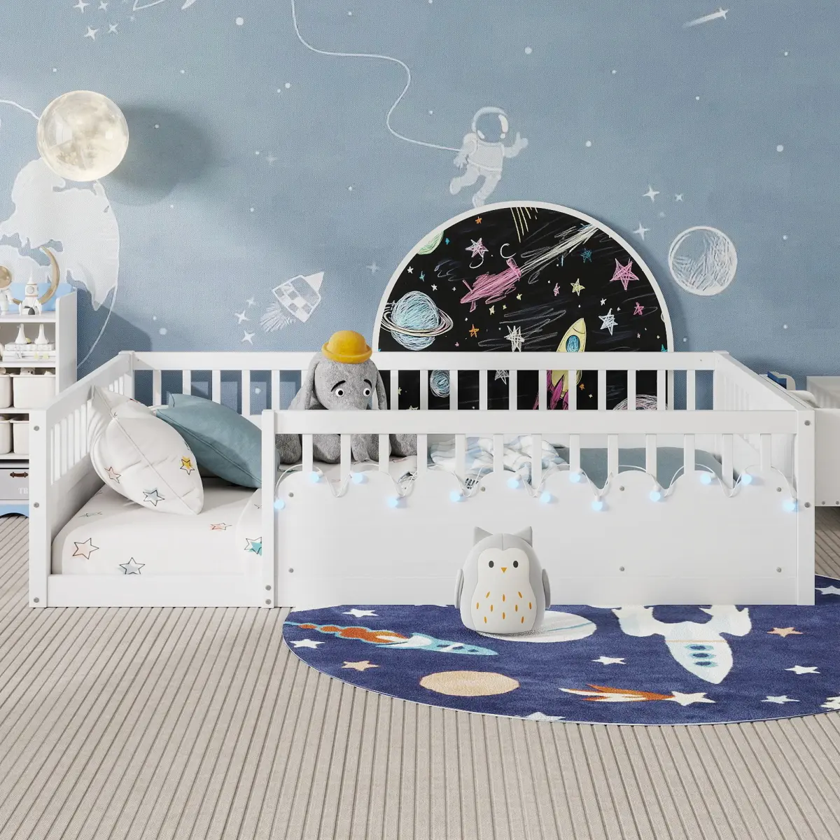 Dufominc Full Montessori Wood Floor Bed Frame with High Sturdy Guard Rails, Low Profile Design, Built-In Light and Storage Shelf, White Indoor Kids' Bed Frame, Wood Frame