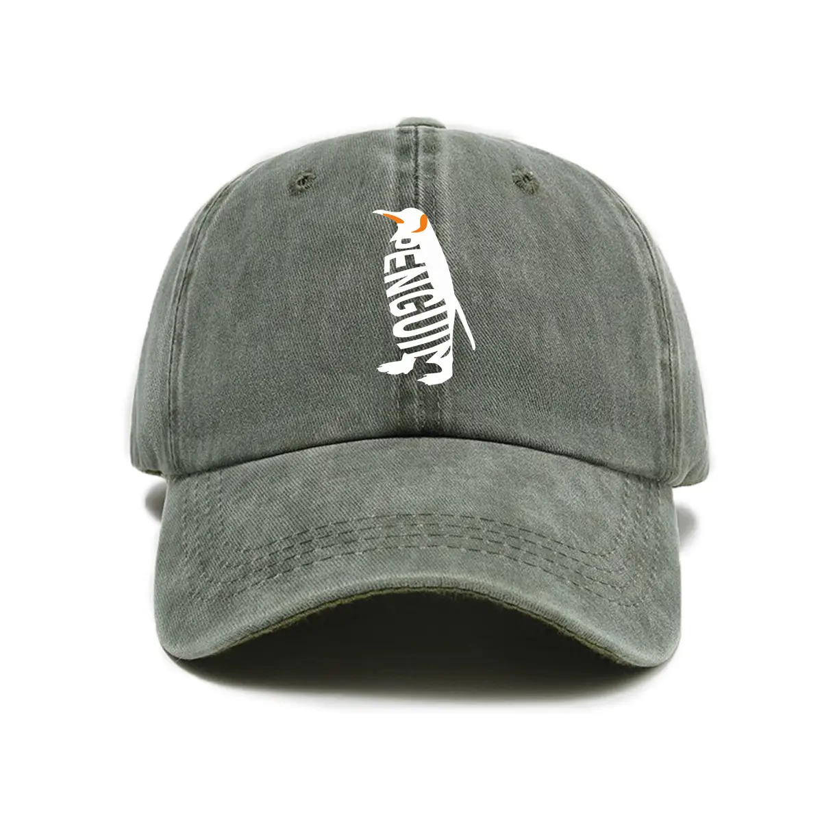 Green Baseball Cap Cute Penguin Letters Graphic Printed Washed Cotton Vintage Unisex Dad Hat Trendy Cool Animal Fashion Casual Streetwear Outdoor Adjustable Sun Trucker Hat Everyday Headwear Creative Gift For Penguin Lover Friend
