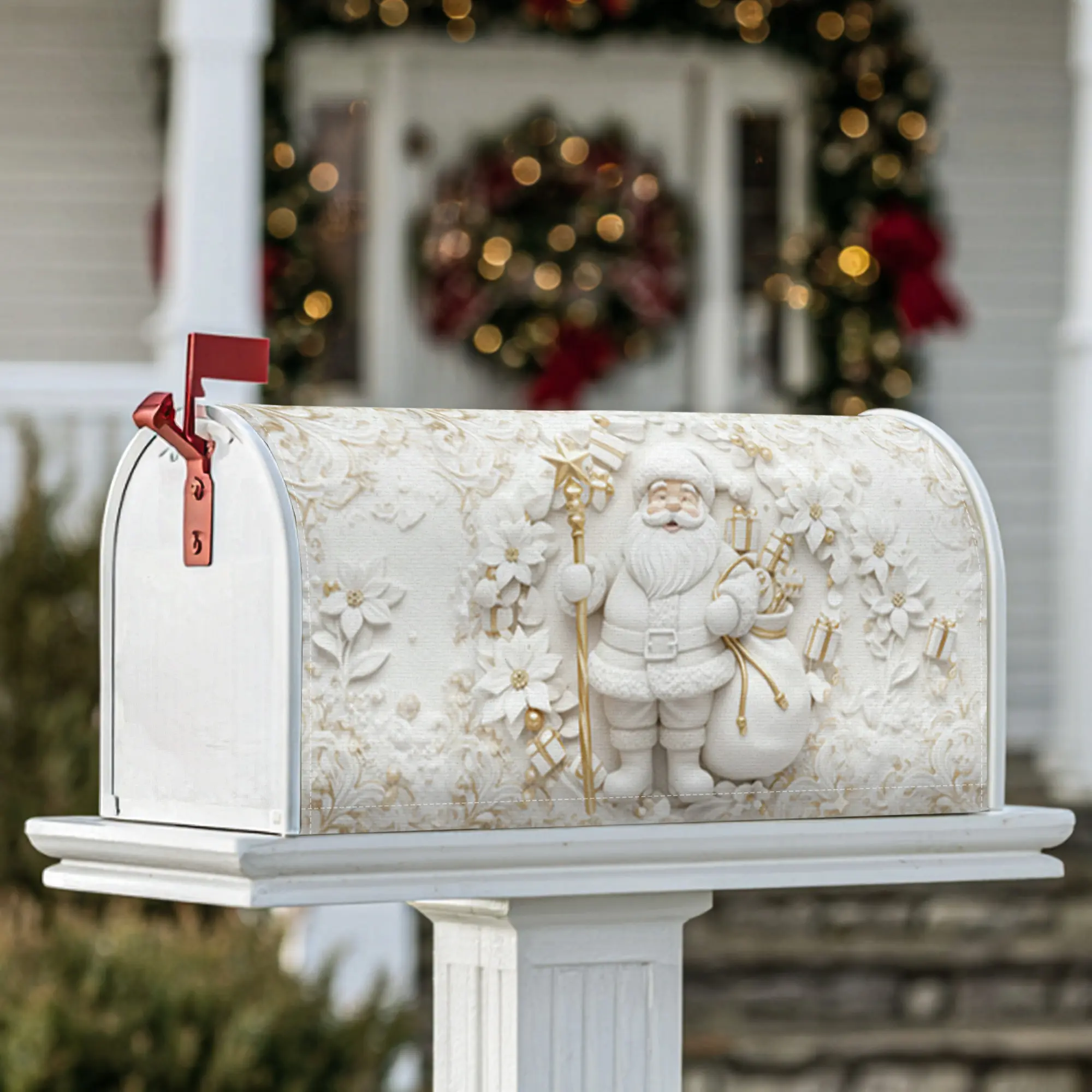 Santa Magnetic Mailbox Covers, Christmas festive poinsettia gifts Christmas white Mailbox Covers for Outside for Lawn Decoration