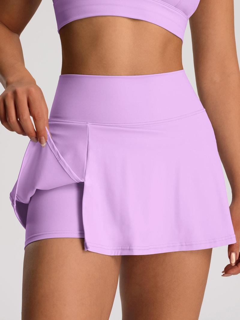 Women's Solid Color High Waist Sports Skort, Sporty Overlap Waist Mini Skirt with Panty, Ladies Sportswear for Tennis Golf Workout, Lightweight Athletic Skirts
