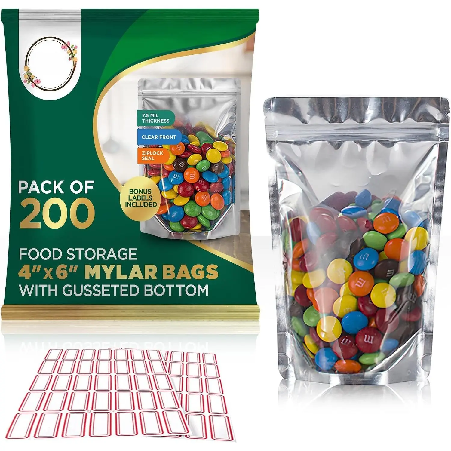 ® 4x6 Mylar Bags for  Storage with 7.5mil Thick - Pack Of 200 - Stand Up Clear Mylar Bags with See Through Window - Small 1/2 Pint Pouches for Freeze Dried Candy - Labels Included