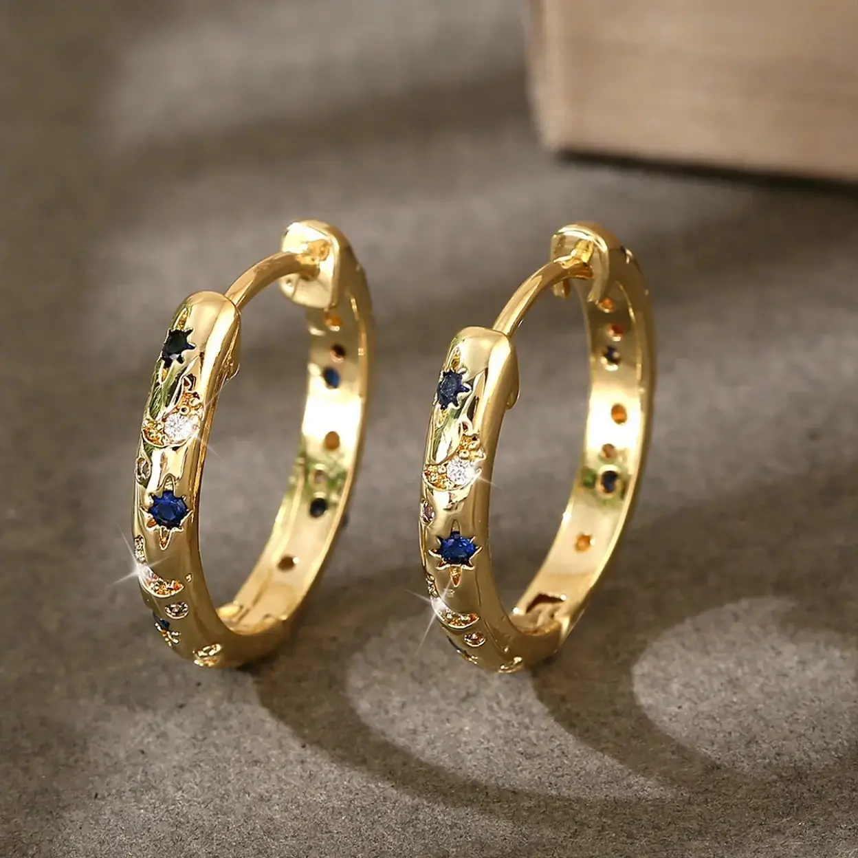 Moon And Star Colorful Crystal Huggie Hoop Earrings For Women, Vintage Cosmic Circle Ear Buckles Inlaid With Blue And Clear Zircon, Elegant Dainty Jewelry Suitable For Daily Commute, Dating, Parties And Birthday Gifting