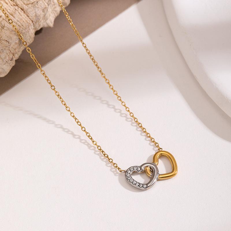 Two-Tone Double Heart Necklace for Women, High-End Luxury Pendant, Stainless Steel with Diamond Inlay, Heart-Shaped European and American Style Jewelry