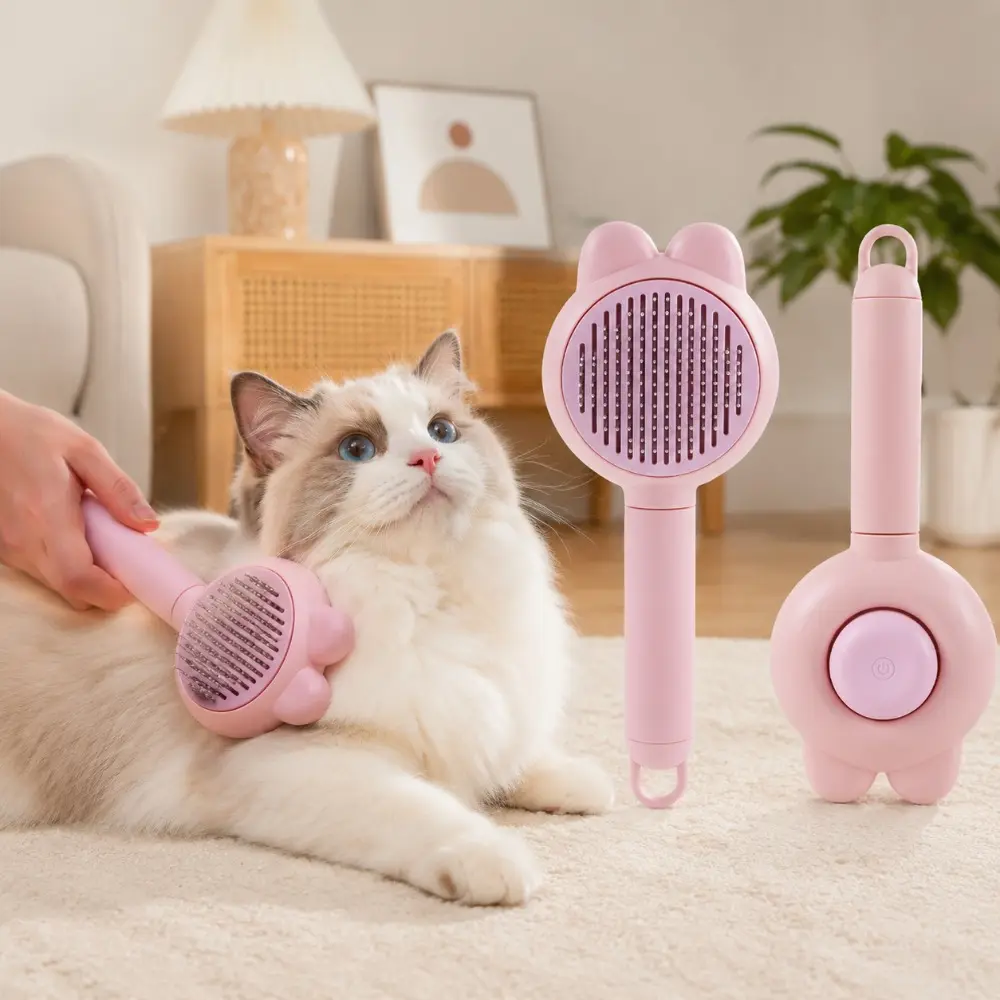 Cute Bunny Ear Self-Cleaning Pet Slicker Brush 140° Curved Round Pin Grooming Comb Detachable Washable Hair Remover Brush for Cats Small Dogs