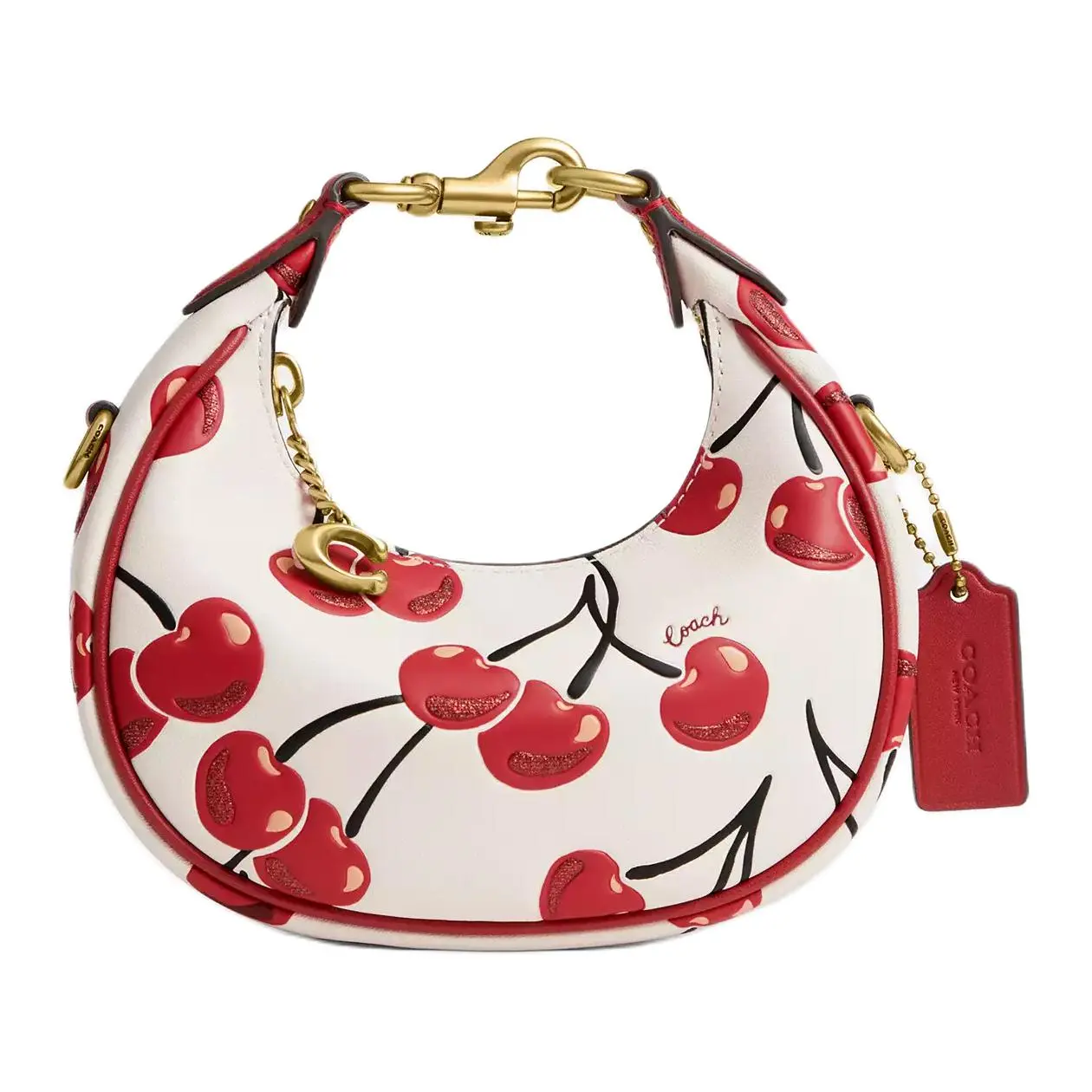 COACH Jonie 15 Mini Crossbody Bag for Women – Cherry Print, Detachable Strap, Zip Closure, Tan Leather with Red Accents