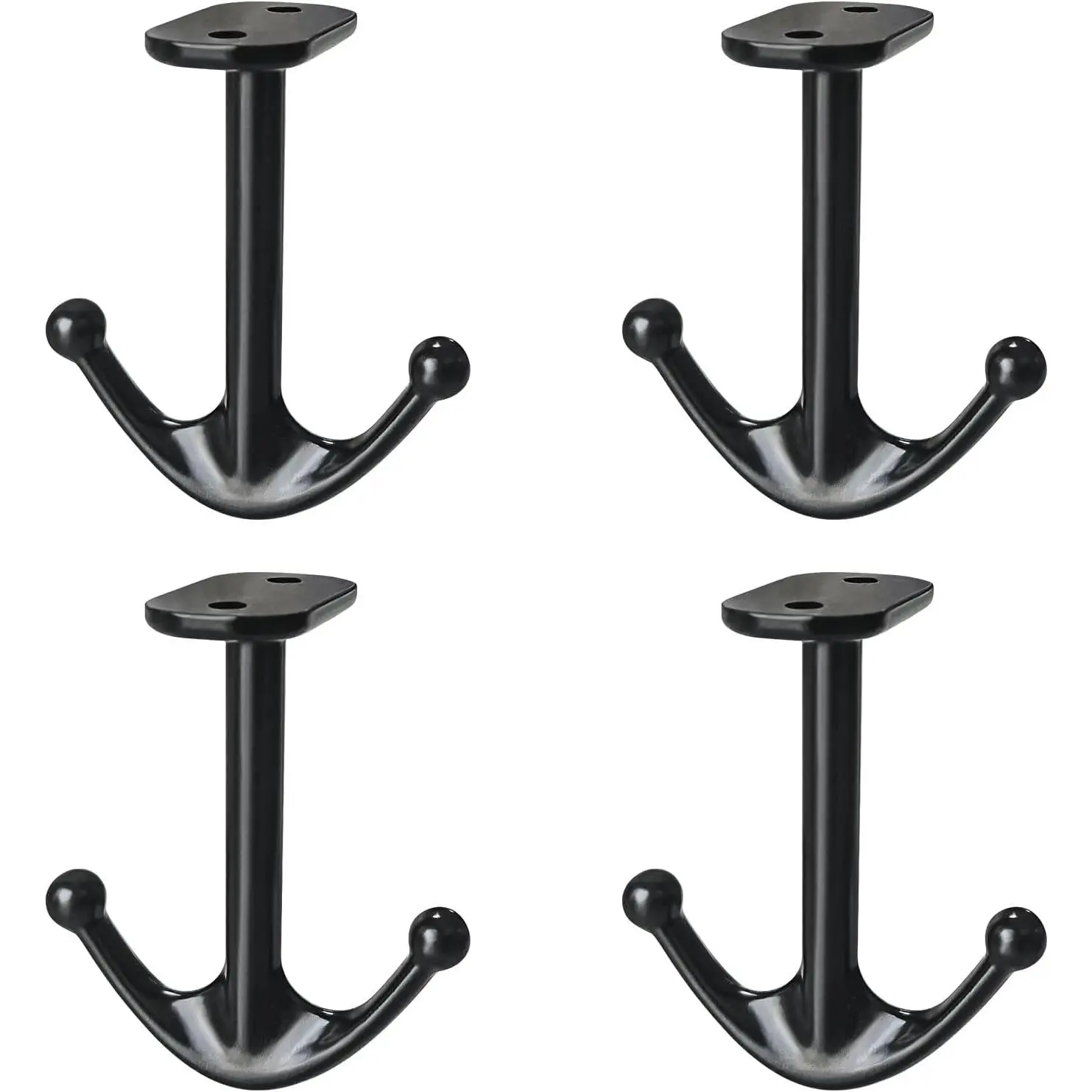 Zinc Alloy Double Prong Ceiling Hooks, 4-Pack Under Shelf Coat Hooks  Towel Robe Clothes Cap Bathroom Kitchen Cabinet Garage Use (Black)
