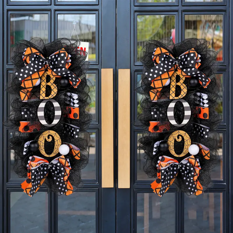 Halloween B00 Inverted Tree Wreath Door Hanging, Spooky Pumpkin Wreath for Halloween, Outdoor Decorative Hanging Ornament