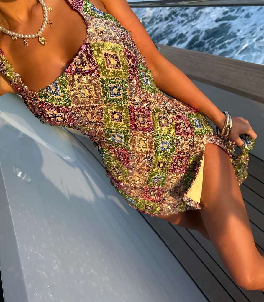 European and American Spring/Summer Fashion New Cross-Border Colorful Diamond Pattern Sequin Slit Bodycon Sexy Dress Wholesale