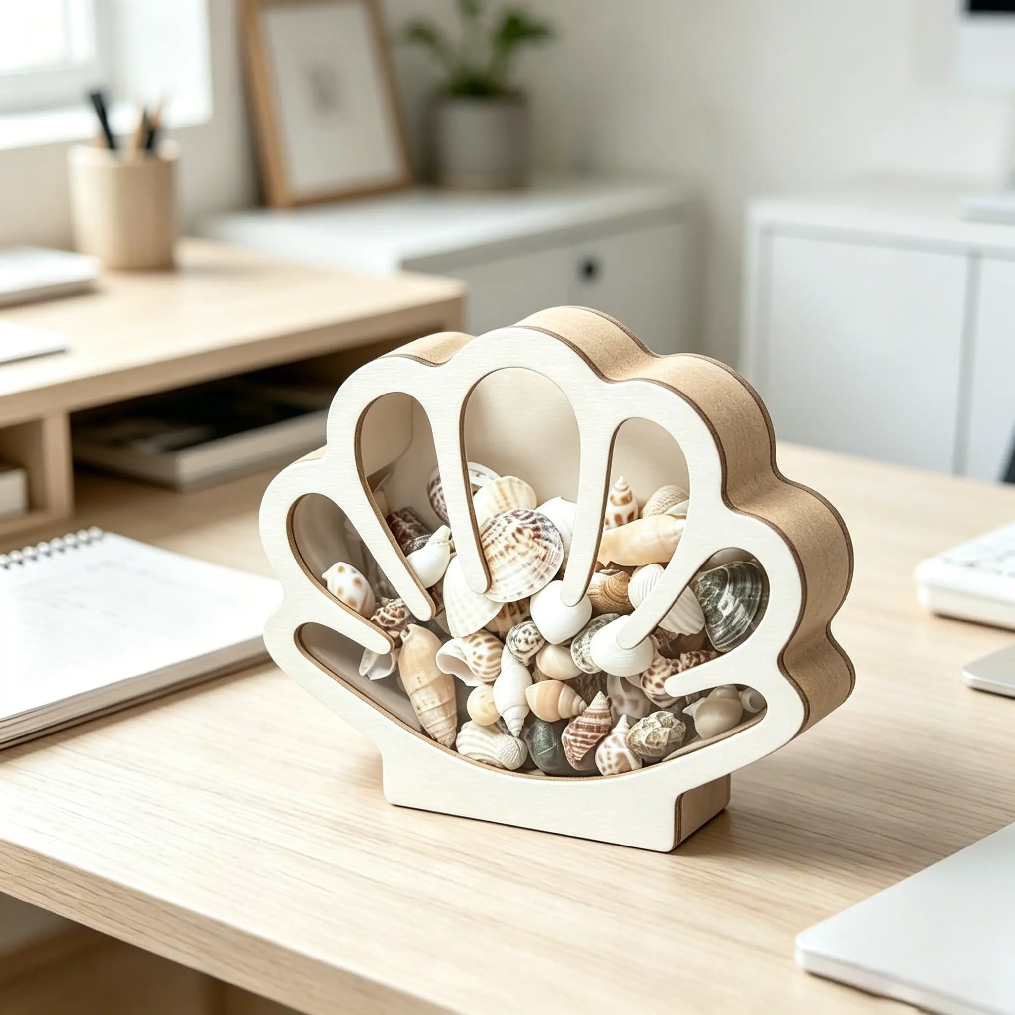 7.09*5.91 Inch Seashell Display Box, Wooden Seashell Collection Storage Box Organiser with Acrylic Window, Shell Shaped Keepsake Box for Beach Treasures, Coastal Home Decor Excluding Decorative Items Such As Shells