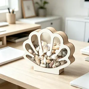 7.09*5.91 Inch Seashell Display Box, Wooden Seashell Collection Storage Box Organiser with Acrylic Window, Shell Shaped Keepsake Box for Beach Treasures, Coastal Home Decor Excluding Decorative Items Such As Shells