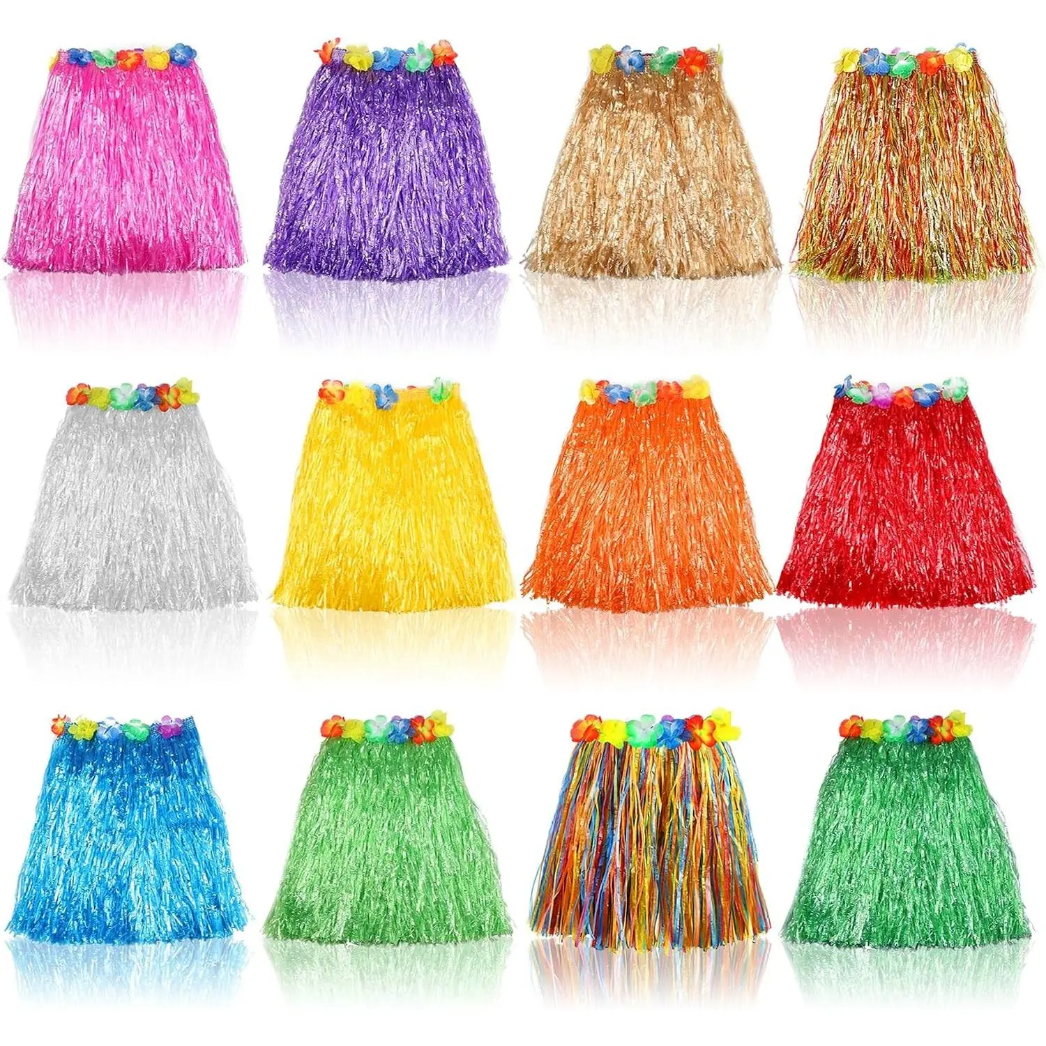 Grass Skirt Hawaiian Luau Hula Skirts Party Decorations Favors Supplies Grass Skirts for Kids Elastic Hibiscus Flowers Tropical Hula Skirt for Party, Birthday, Celebration 12Pack