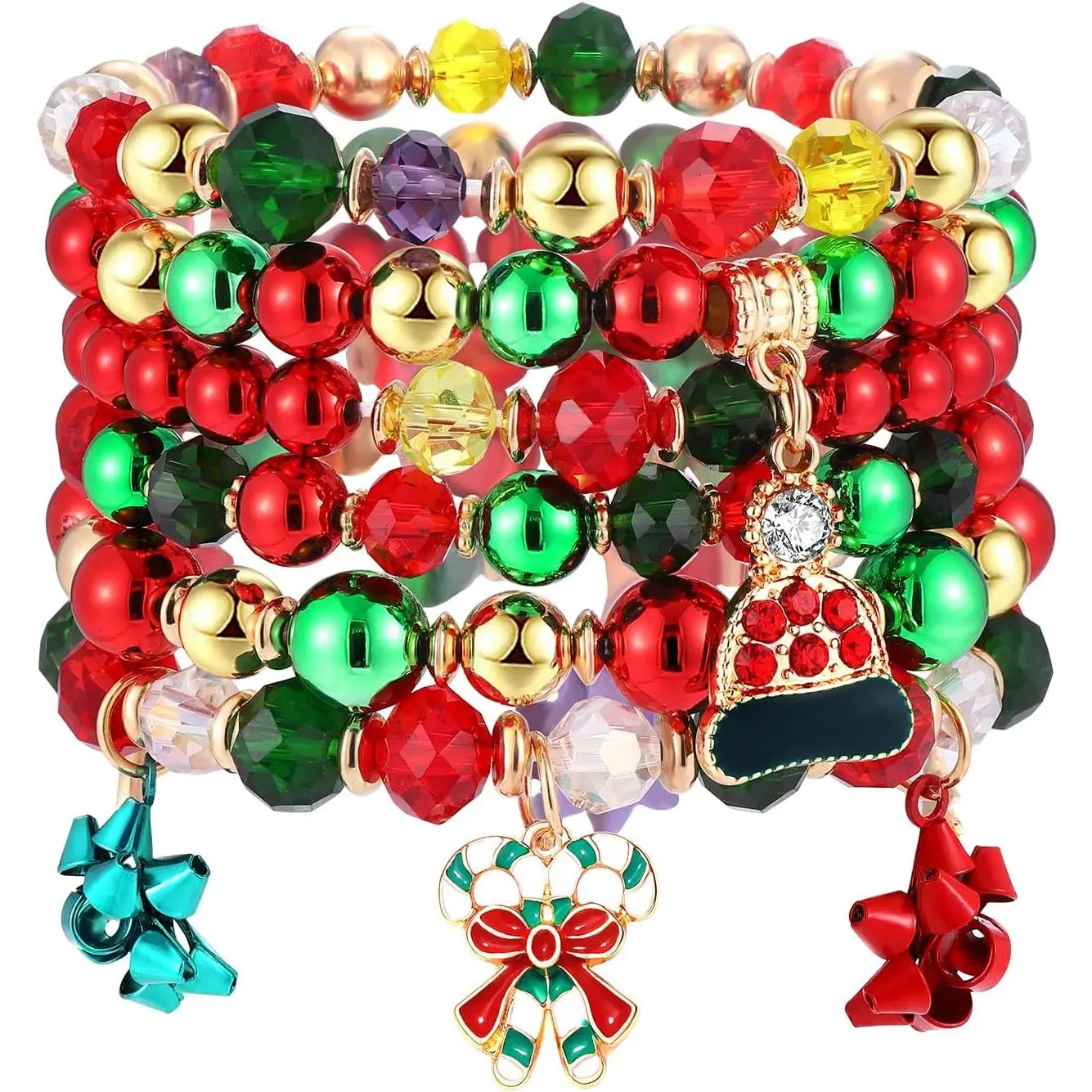 Christmas Beaded Stretch Bracelets Xmas Bow Jingle  Snowman Charms Bracelet for Women Girls Holiday Bracelet Set   Gifts