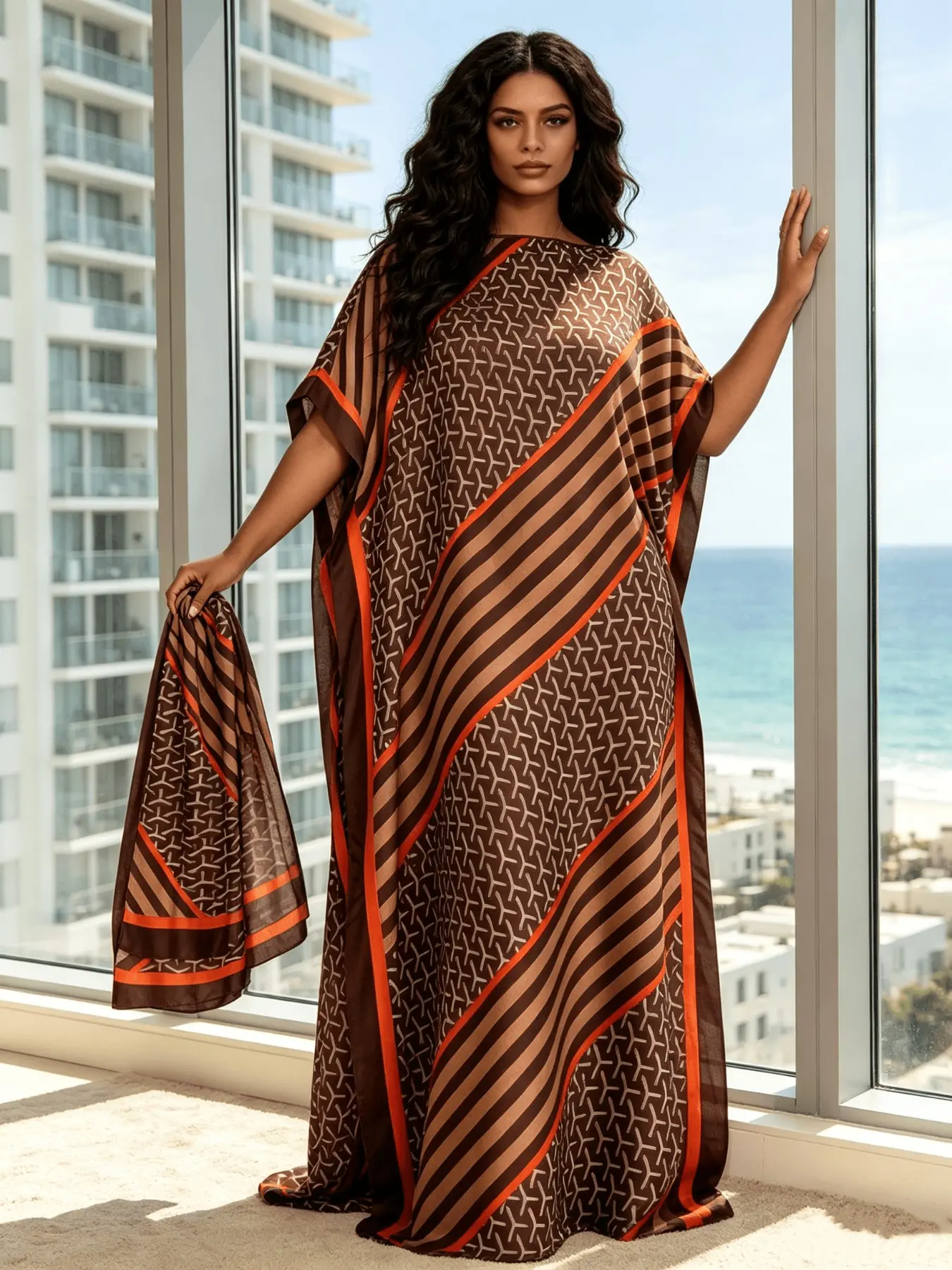 Brown Base Geometric T Shape Print & Diagonal Stripe Satin Kaftan Maxi Dress With Orange Trim & Matching Head Scarf, Silky Soft Loungewear Nightgown Pajama Dress, Oversized Batwing Seaside Resort Cover Up, Fits Plus Size Curvy Figures