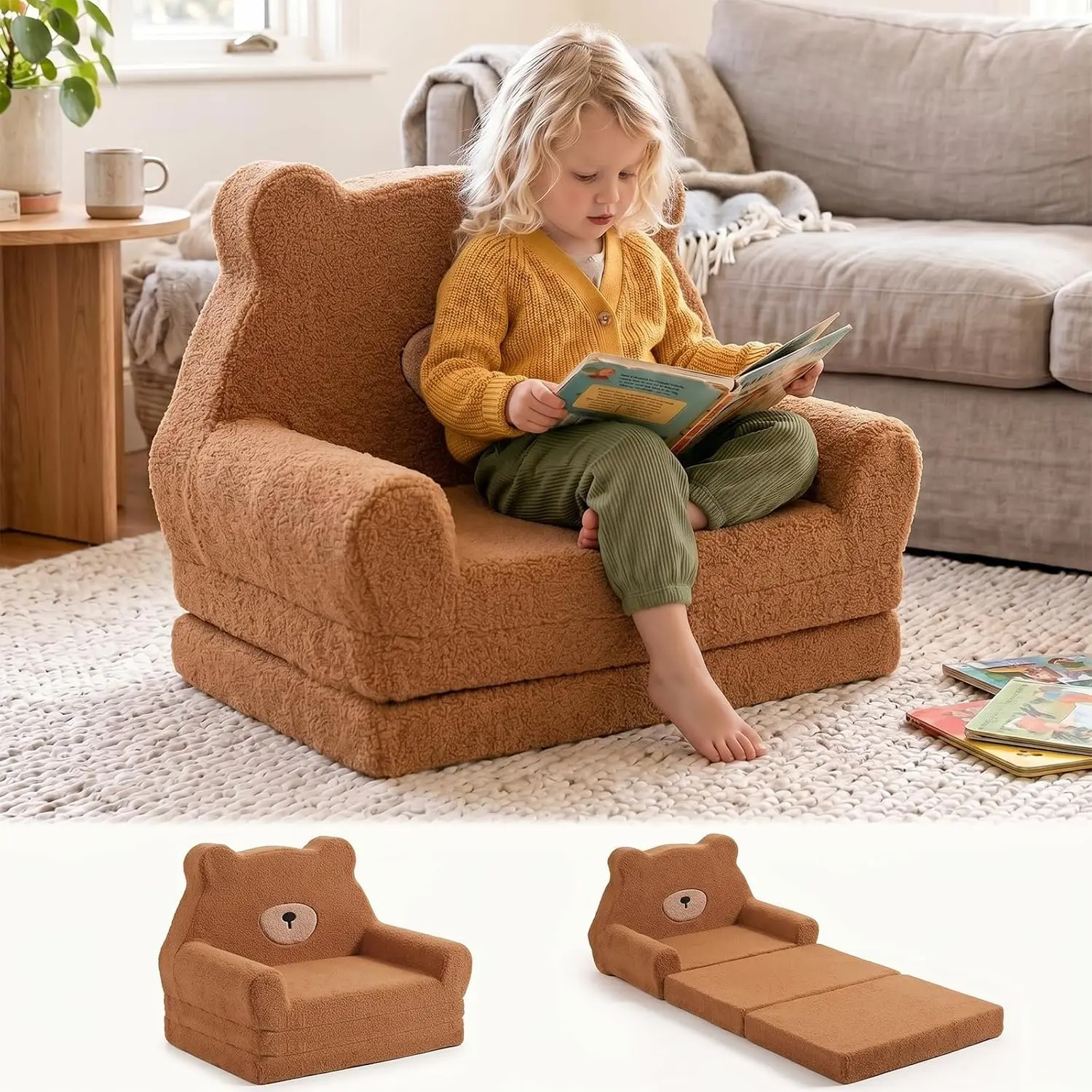 Extra Wide Soft Kids Couch Fold Out, 2-in-1 Kids Couch, Convertible Kid Sofa, Kid Furniture for Playroom, Ideal Gifts for Boys & Girls Ages 3+, Bear