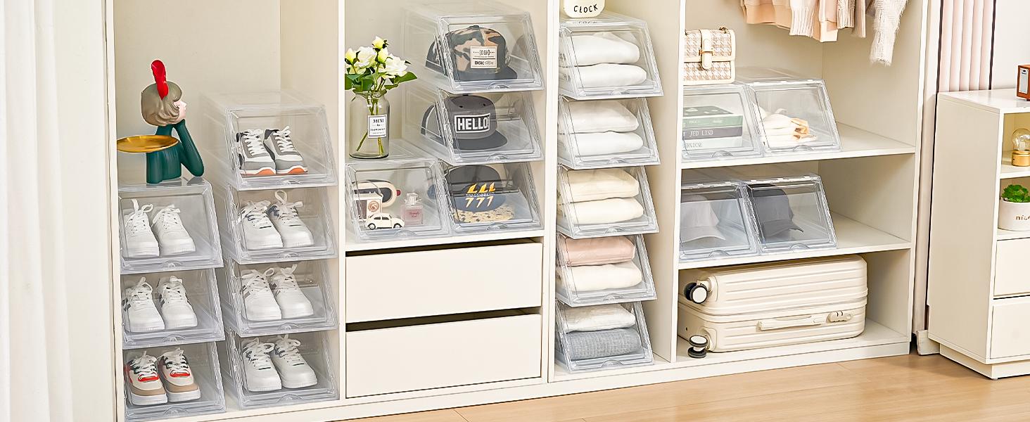 2 Pack Stackable Hat Organizer for Baseball Caps, Large Clear Hat Holder with Sliding Drawer, Hat Storage Box with Door, Baseball Cap Organizer