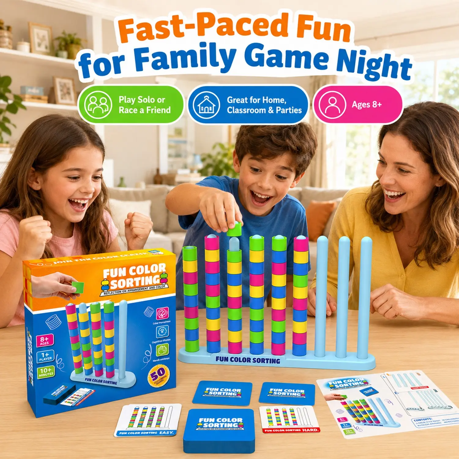 Color Sorting Challenge Game – Fast Pattern Color Sorting & Stacking Toys, Fun Family Board Game for Kids & Adults, Includes 2 Stack Racks, 50 Challenge Cards, 80 Rings & Instructions