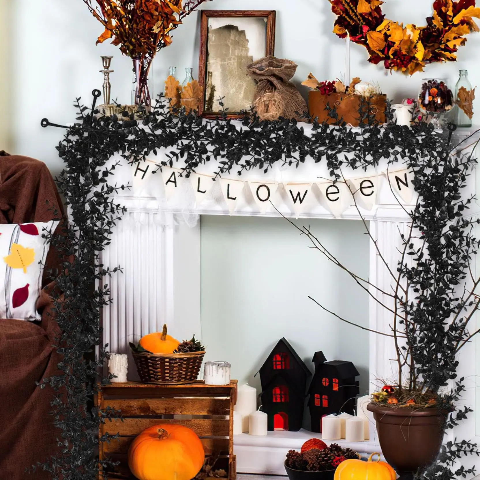2pcs 145cm Black Artificial Eucalyptus Garland Halloween 2026 Gothic Home Decor Spooky Mantel Vine For Fireplace Stair Arch Wall Haunted House Pastel Spooky Party Decoration
