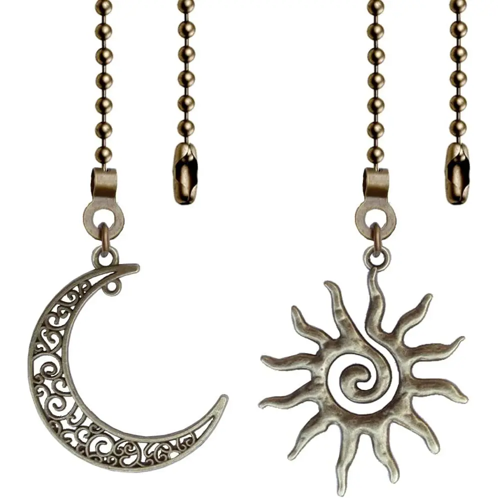2 Pack Ceiling Fan Pull Chain, Sun and Moon Pull-chain Extension, 12 Inches Celestial Decor Beads Ball Chain Extender with Connectors for Ceiling Fans/Lighting Lamps (Bronze)
