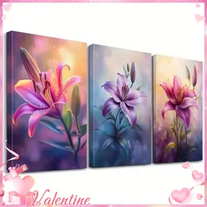 2D Print, 3-piece framed brightly colored poster, elegant lily art painting, romantic art canvas print wall art, soft light blurred painting, abstract garden home decor, aesthetic style for the room, ideal gift (includes frame)