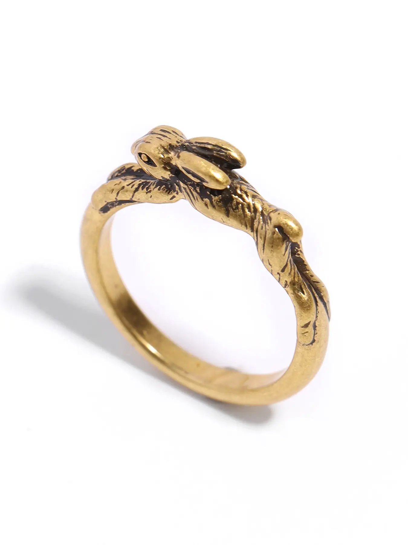 Vintage Antique Gold Crouching Bunny Animal Ring, H65 Brass 24K Nickel-Free Gold Plated Retro Embossed Texture Stackable Finger Ring Jewelry Gift for Women