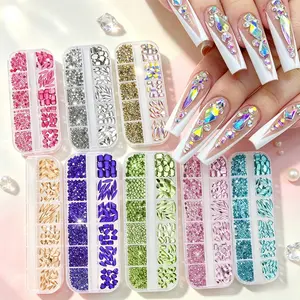 Luxury 12-grid nail rhinestone box with heart & teardrop flat crystals. Multi-cut transparent stones with rich luster fit all nail tip shapes, versatile sparkling supplies for home handmade craft and salon bulk manicure designs.