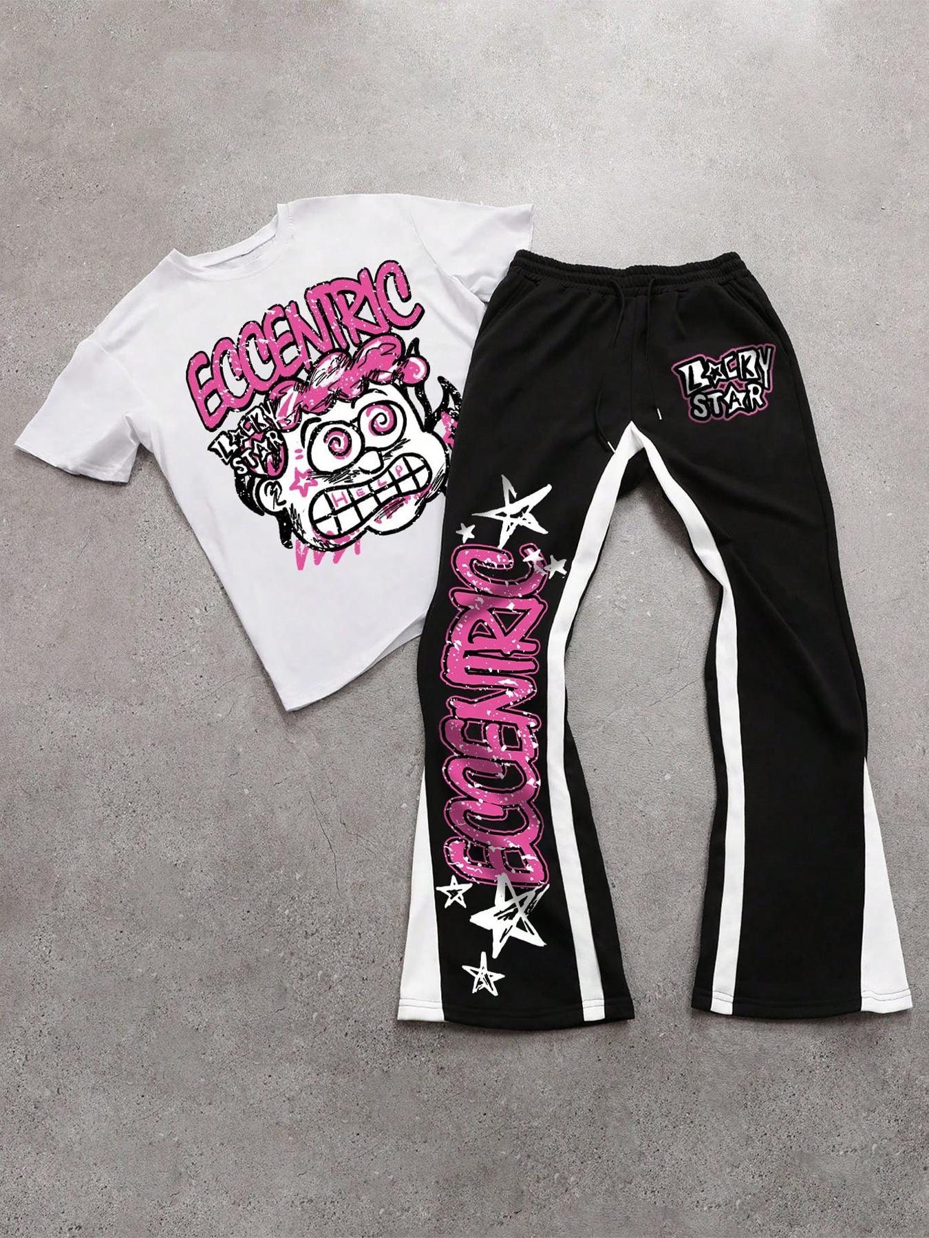 Two-Piece Set Menswear Men's Figure Graphic Tee & Colorblock Drawstring Waist Flare Leg Sweatpants, Regular Fit Round Neck Short Sleeve T-Shirt & Bell Bottom Trousers, Casual Fashion Cozy Breathable Men Two-Piece Outfits for All Seasons