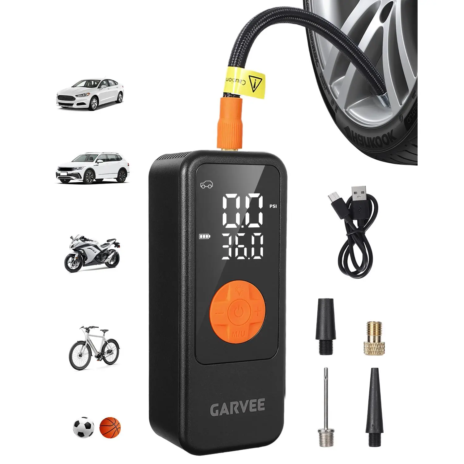 [Garvee] 150PSI Cordless Portable Tire Inflator, Digital Display Air Compressor Featuring Auto Shutoff Function, Type-C Rechargeable Built-in LED Flashlight, Rapid Inflation Air Pump for Car, Motorcycle, Bicycle Tires, Sports Balls