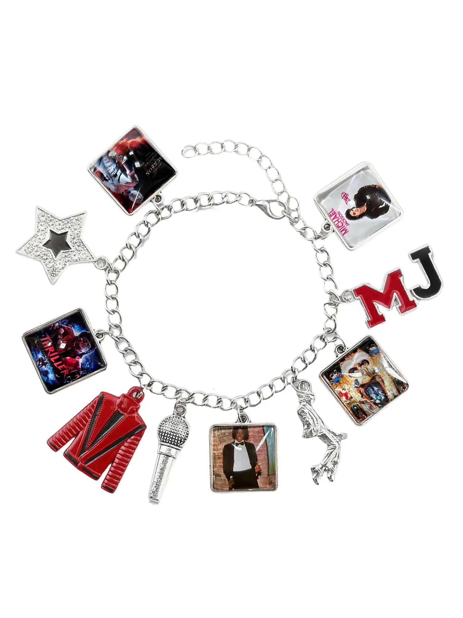Michael Jackson Inspired Charm Bracelet, Retro Link Bracelet with Microphone, Jacket, Album Charms, Gift for Fans, Fashion Jewelry