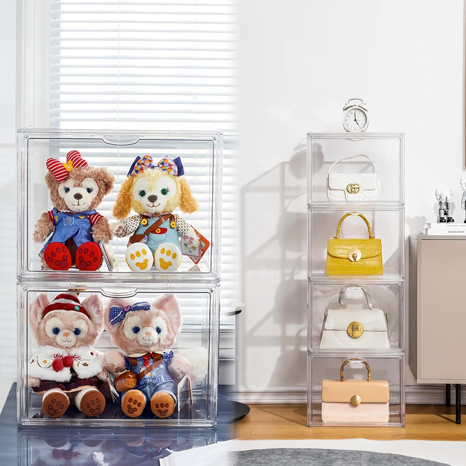 Clear Purse Organizer for Closet, Plastic Handbag Storage Organizer 4 Pack Clear  Display Case with  Door for Wallet, Book, , Clutch Organization