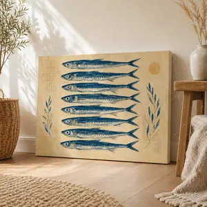 Vintage Blue Fish Illustration Horizontal Canvas Wall Art, Nautical Botanical Poster, Home Decor for Living Room Bedroom Kitchen, Available as Unframed Canvas Poster or Framed Canvas Wrap