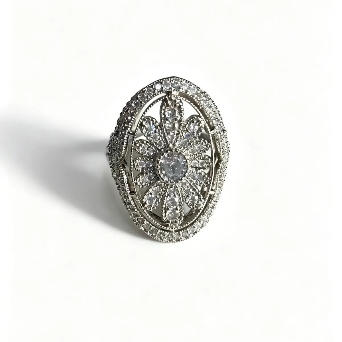 Women's Vintage Botanical Style Crystal Cocktail Ring - Full Pave CZ, Openwork Flower Cluster, Colorful Bling, Adjustable Festival Statement Ring for Party & Daily Wear, Crystal Rings, Botanical Style Rings