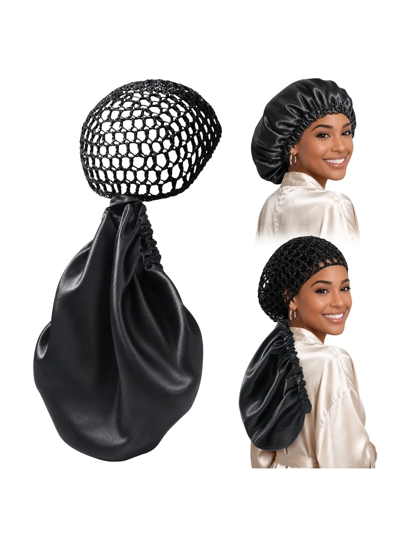 2-In-1 Satin Bonnet with Mesh Hair Net, Sleep Cap for Braids, Locs & Curly Hair, Comfortable Nighttime Hair Protection
