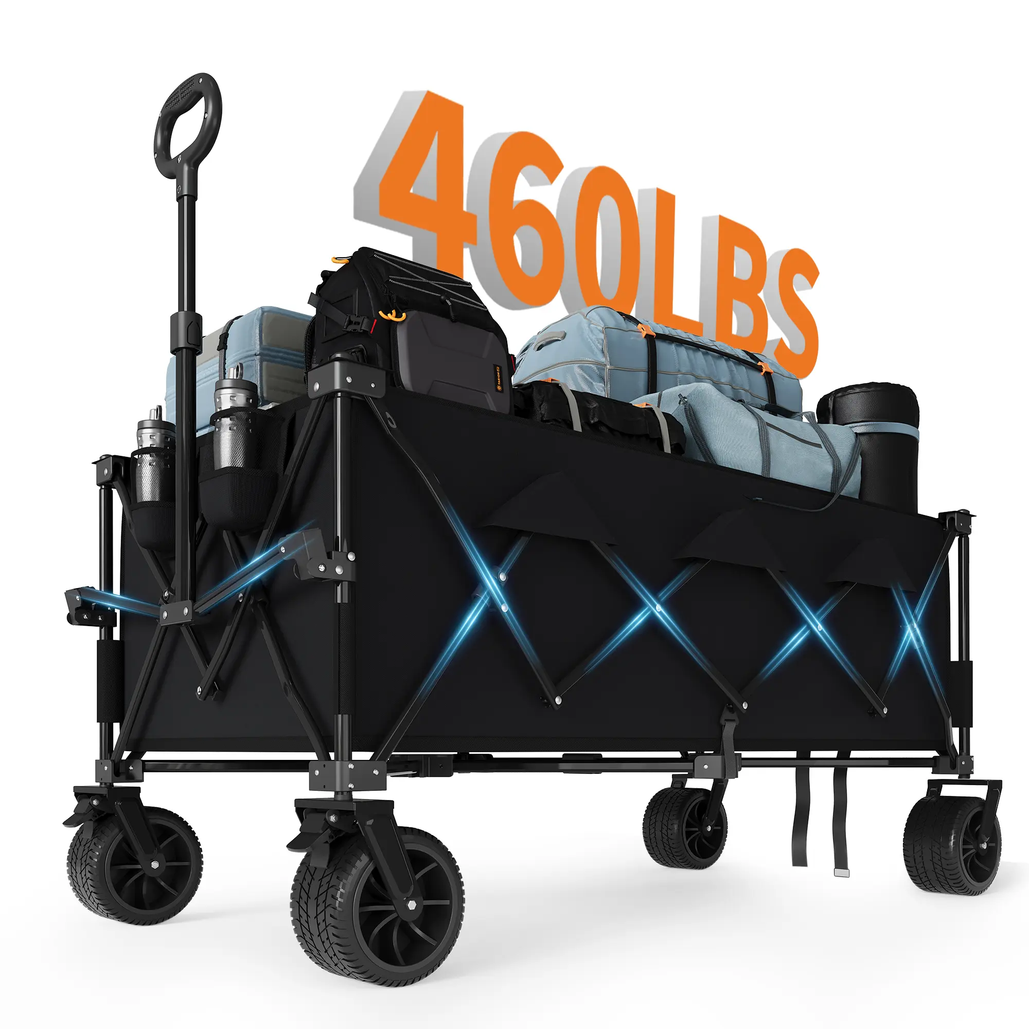 Heavy Duty Collapsible Utility Wagon Cart – 52" Extra Large 350L Capacity, Collapsible Garden & Beach Cart, All-Terrain Wheels, Telescopic Handle, Cup Holders, Steel Frame, Outdoor Use