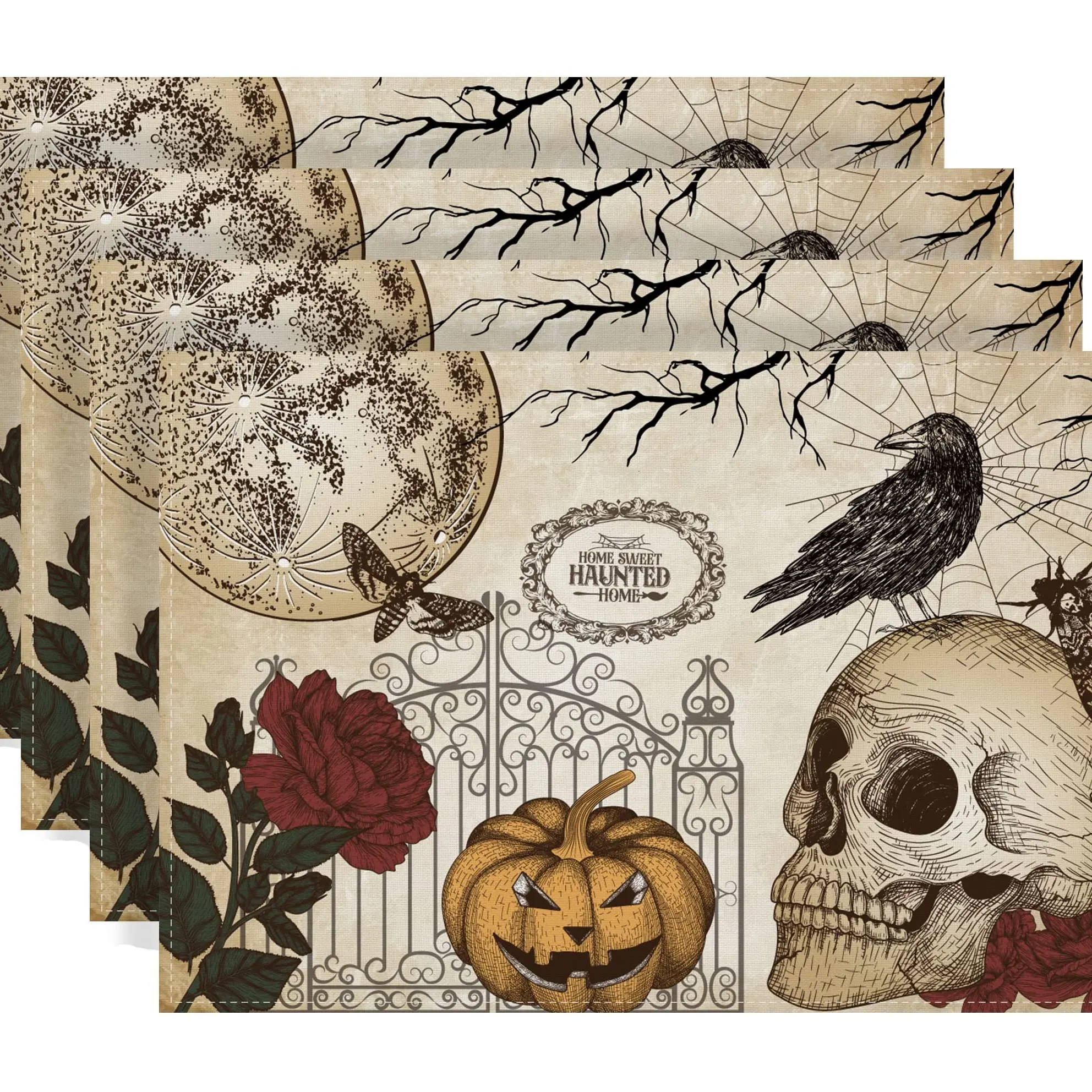 4 Piece Halloween Skull Placemats Set, Kitchen Decorative Placemat, Seasonal Table Mats for Party Kitchen Restaurant Decor, Halloween Decoration Essentials