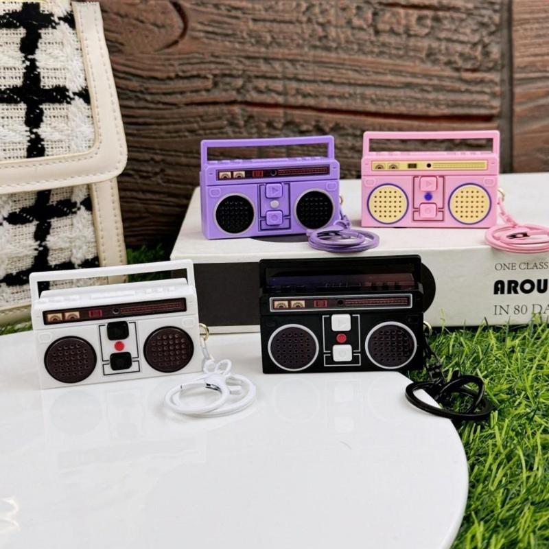 2 Pcs Nostalgic Mini Radio Recorder Keychain Set, Vintage-Inspired Funny Bag Ornaments with Retro Design, Stretchy Scrunchie Lanyard  Retractable Heart Clip for Daily Use  Gift Ideas Teacher Appreciation Makeup Pouch and Bracelets TikTokShopBlackFriday