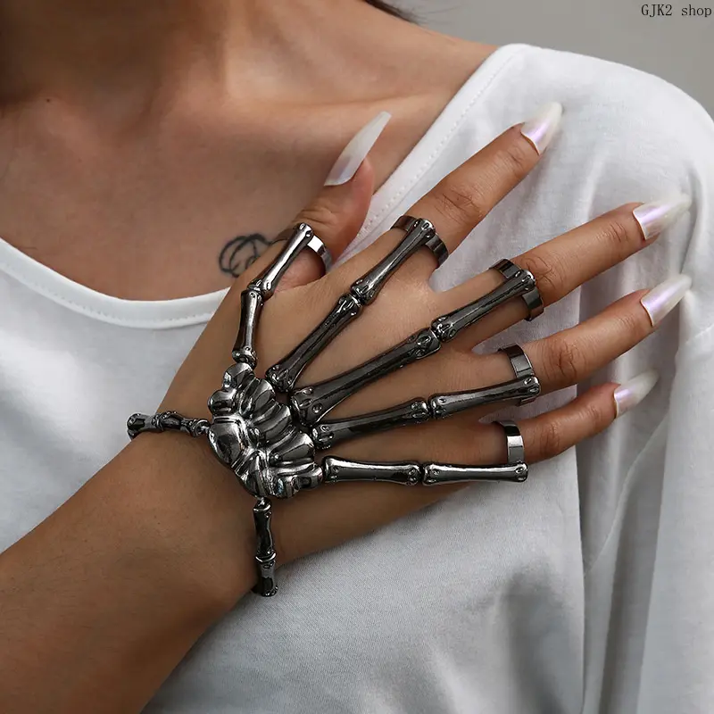 Gunmetal‑Tone Skeleton Hand Bracelet With Finger Rings, Gothic Skull Bone Hand Harness Bracelet, Halloween Cosplay Party Costume Accessory for Women