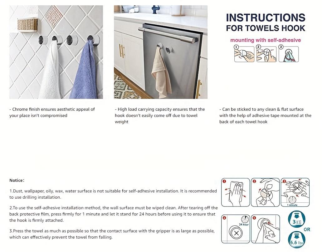 1/3/8 Towel Racks, Self-Adhesive Wall-Mounted Towel Racks, Round Wall-Hanging Towel Racks, Suitable for Bathrooms, Kitchens, And Home Use, Walls, Cabinets, Garages, No Drilling Required.