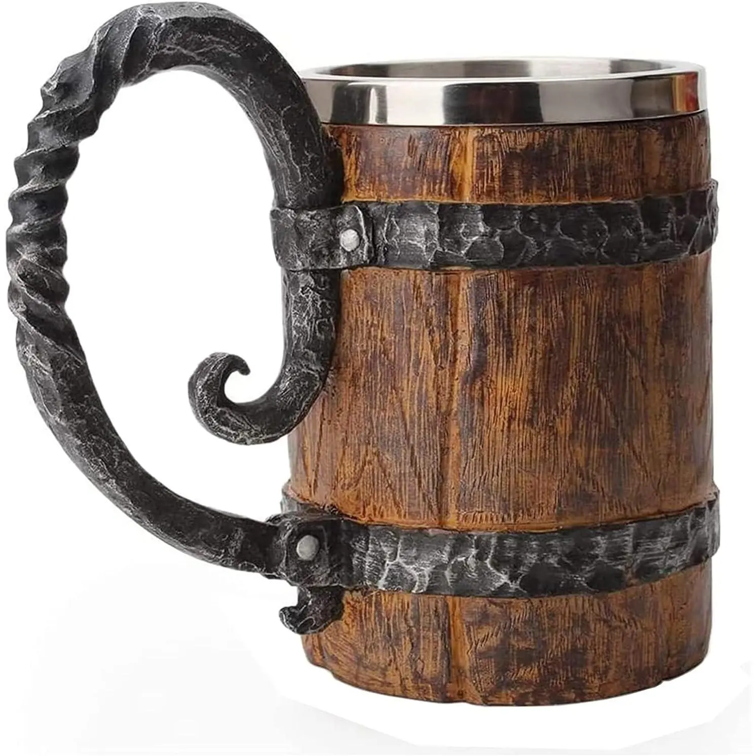 Handmade Wooden Barrel Beer Mug, Bucket Shaped Drinkware with Handle, Stainless Steel Double Wall Cocktail Mug for Bar Restaurant, Vintage Bar Accessories (18 oz)