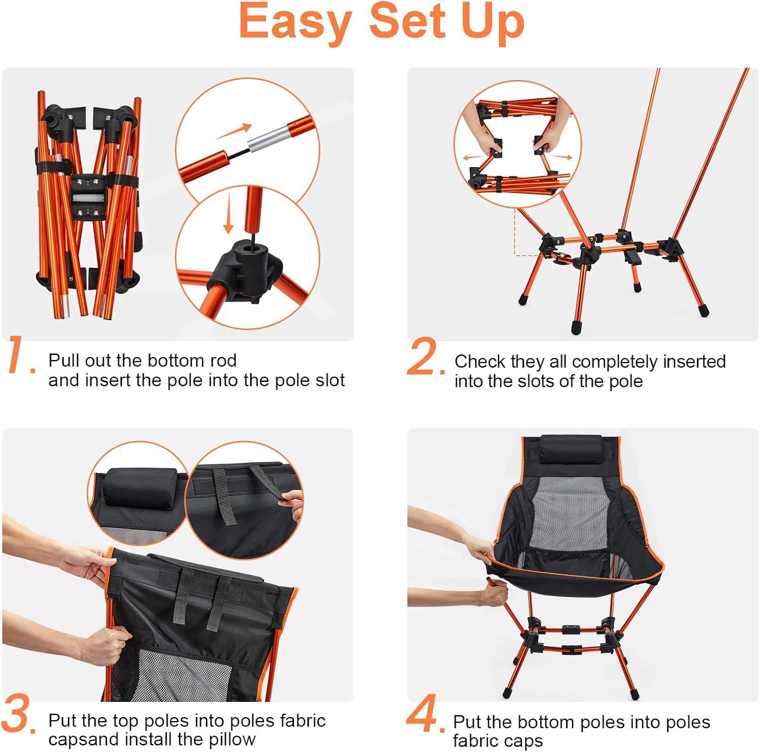 Folding Camp Chair High Back Lightweight Camping Chair with Removable Pillow, Side Pocket & Carry Bag, Compact & Heavy Duty 385lbs for Outdoor Hiking Backpacking Beach Picnic Travel