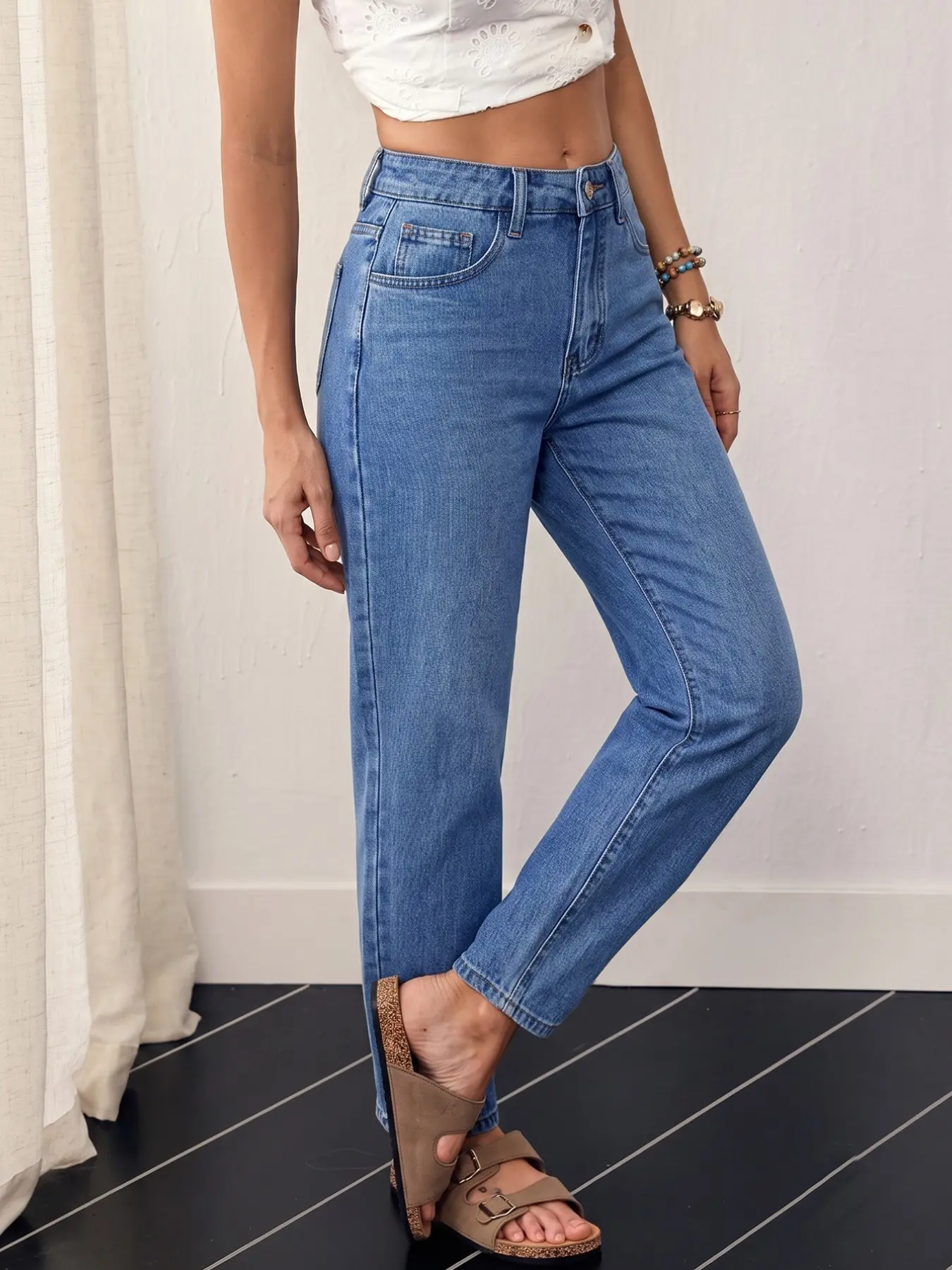 Women's 1 Piece Light Wash High Waist Stretch Straight Leg Denim Jeans, Classic Casual Daily Wear, Fall Winter Street Style, Denim Jeans Pants