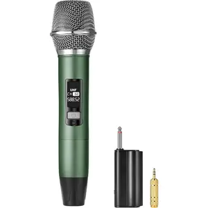 Rechargeable  Microphone, Two Metal UHF Microphones with 1/4" Receiver, Plug-and-Play for Karaoke Singsing, Lecture, Stage Performance, PA System (Green -  Mic)