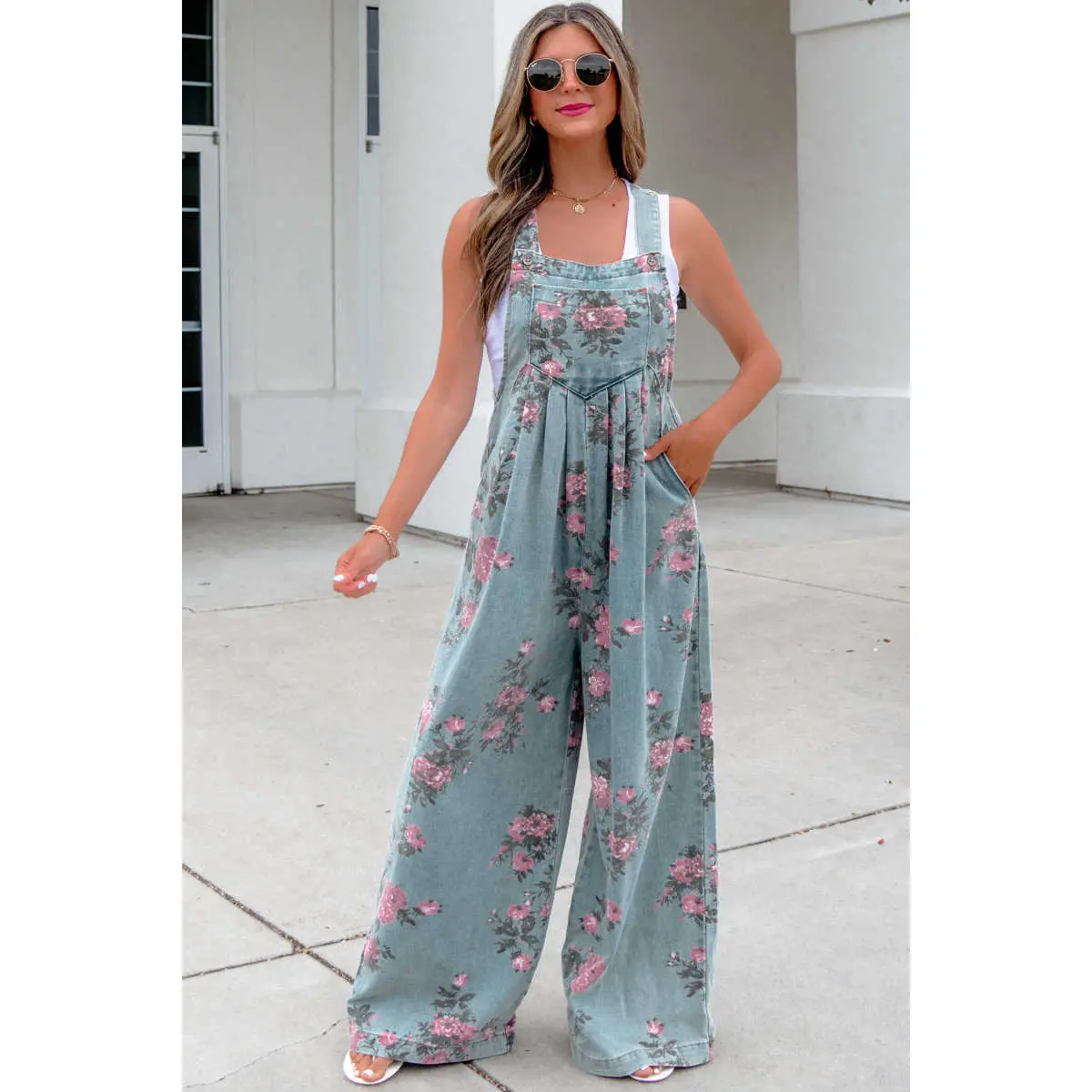 Women's Vintage Floral Print Jumpsuit with Adjustable Straps, High-Waist Pleated Wide Leg Overalls in a Retro Denim Style, Flower, Everyday, Button