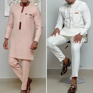 Men's White Wedding Kaftan Suit African Traditional 2PC Outfit | Long Sleeve Tunic & Pants Set Ethnic Cultural Celebration Attire Breathable Linen Fabric, everyday wear, trendy style, essential piece, must have item