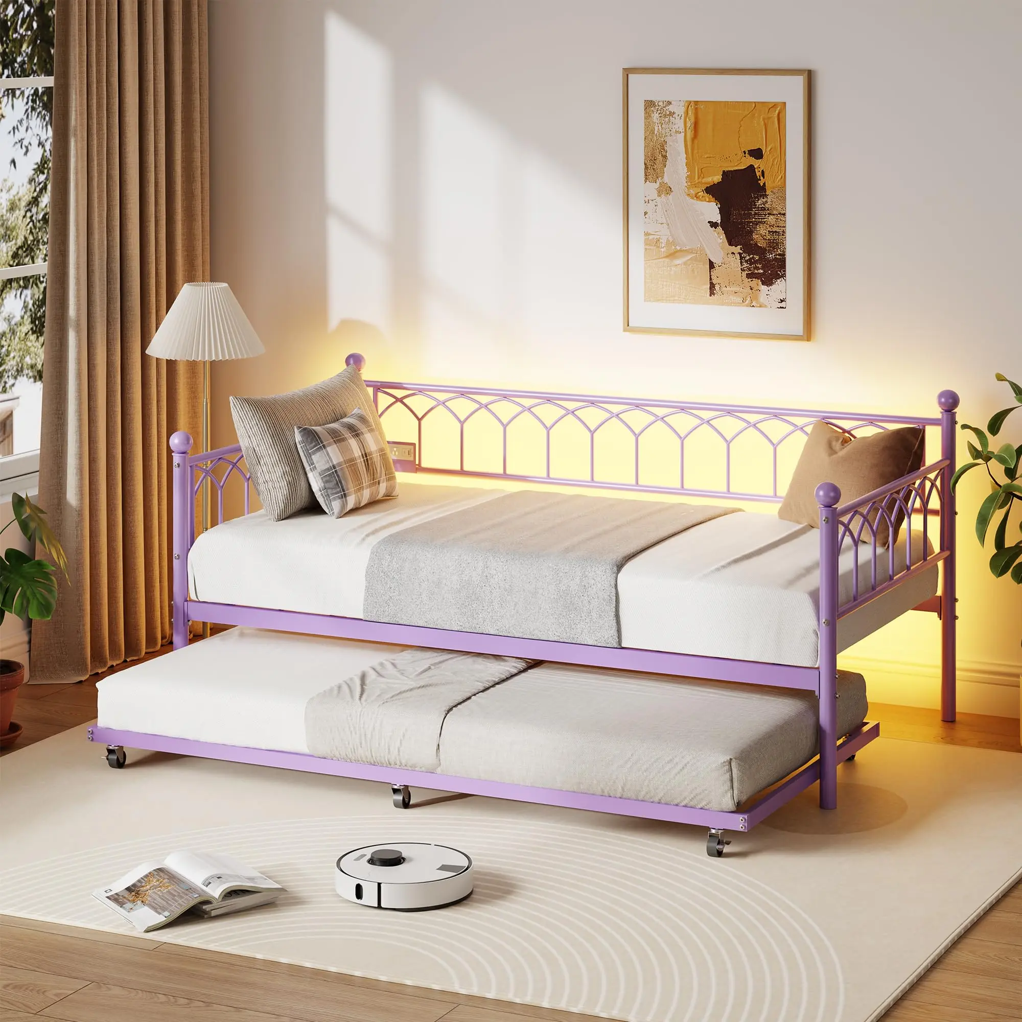 Multifunctional Twin Metal Daybed with Pull-Out Trundle, Built-in Charging Station, and LED Lights; Space-Saving Sofa Bed Frame for Living Rooms, Bedrooms, Guest Rooms, and Apartments; Available in Purple, Black, and Pink