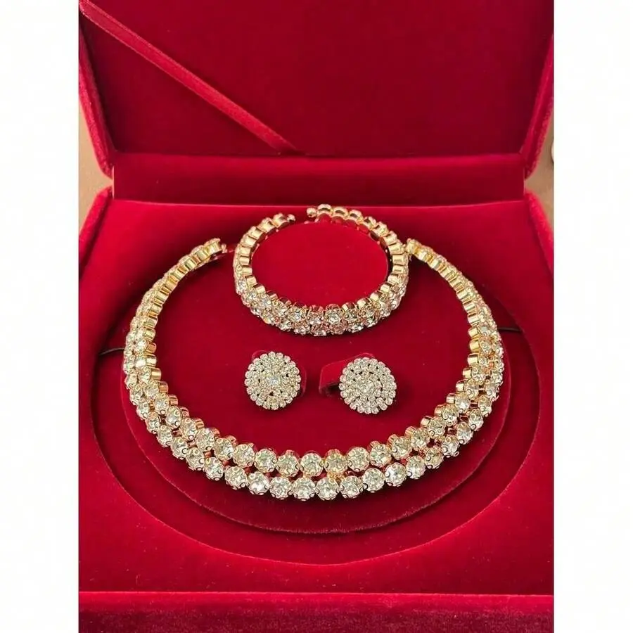 Adult 3Pcs Rhinestone Multi-Layer Bridal Accessory Set - Necklaces for Women, Earrings, Bracelet, Choker, Cubic Zirconia, Comfortable, Elegant, Ideal Wedding Gift for Weddings, Proms, Complete Accessories Set
