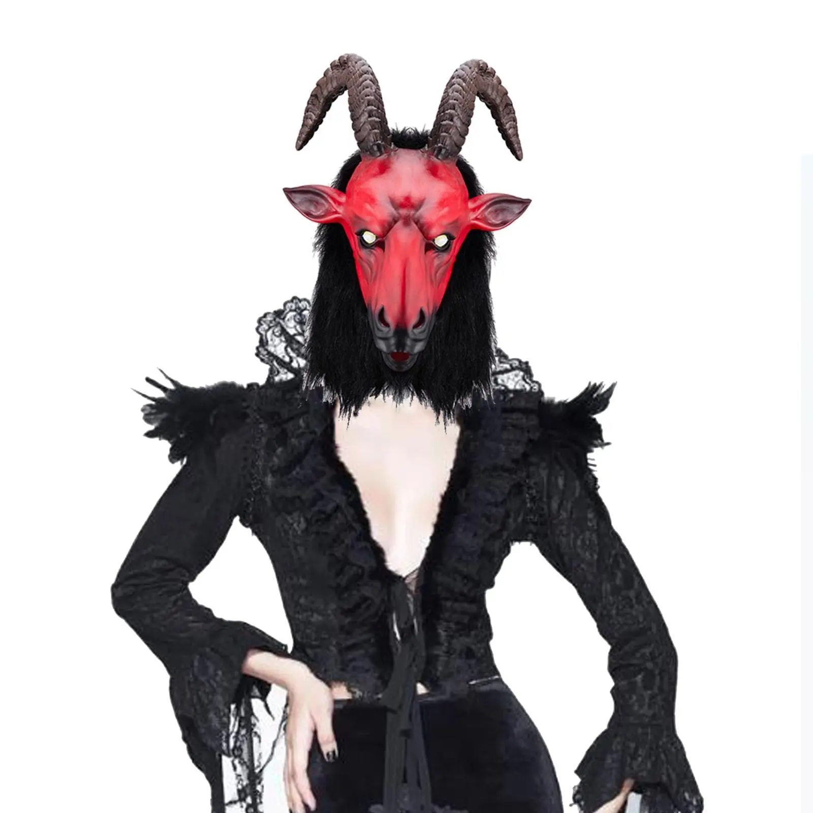 Full Head Devil Mask with Goat Horns, Realistic Evil Lucifer Goat Mask, Halloween Costume, Role Play Party, Christmas, Masquerade, Satan Mask, Themed Headwear